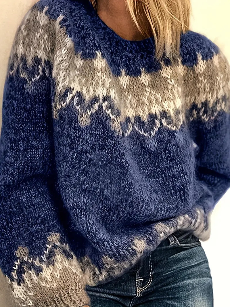 Stickad pullover med jacquardtryck för damer