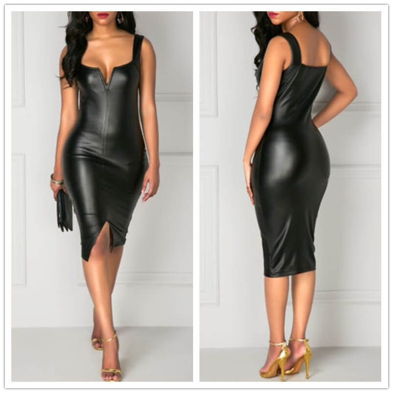 Svart bodycon läderstil klänning