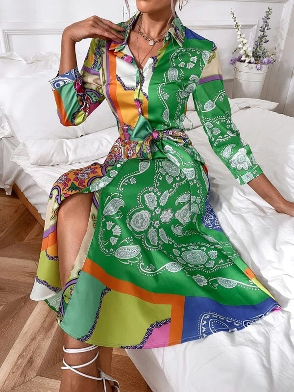 Print Belted skjortklänning med bälte