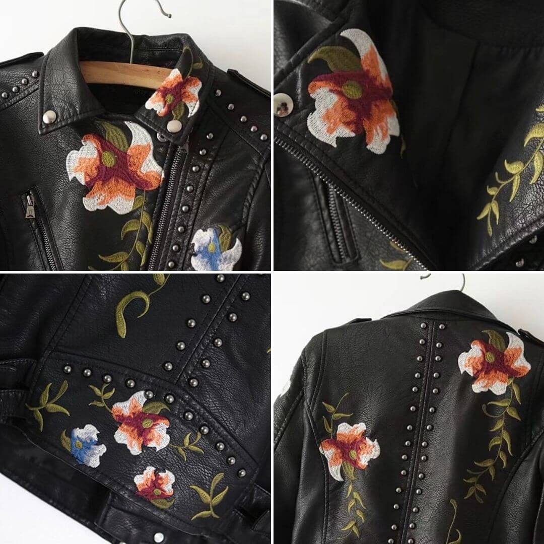 Läderstil jacka med blommigt tryck och broderi