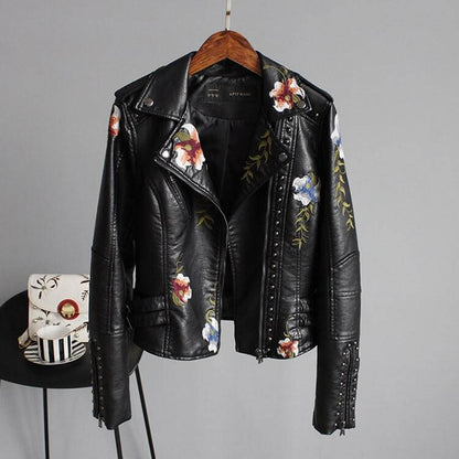Läderstil jacka med blommigt tryck och broderi