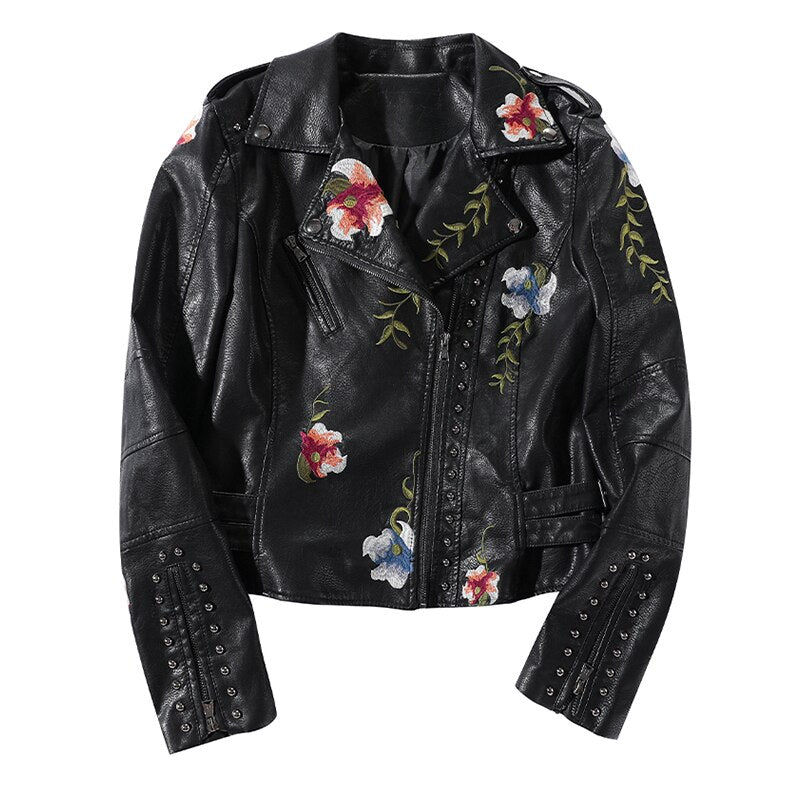Läderstil jacka med blommigt tryck och broderi