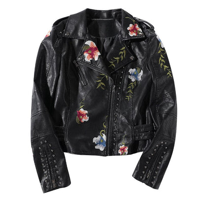 Läderstil jacka med blommigt tryck och broderi